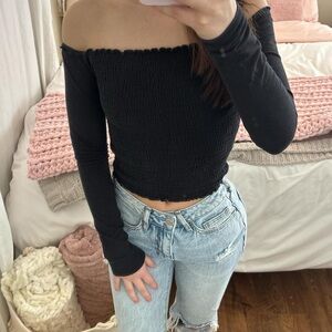 Hollister Charcoal Smocked Off-Shoulder Top